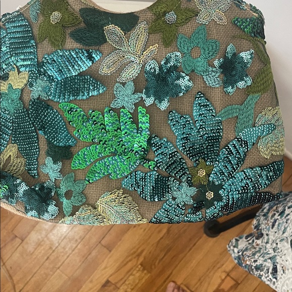 Teal & Aqua Floral Sequin Handbag with Wooden Handles - Picture 2 of 11